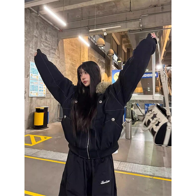 现货重磅boxy短款棉衣座山雕大毛毛领男女棉服水洗工装厚外套，男装棉衣，电商A486