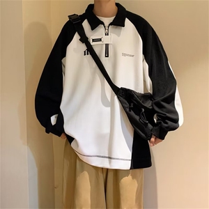黑白撞色POLO衫卫衣男宽松休闲ins超火拼接上衣ZG09P38图片