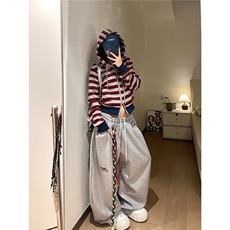 大码胖mm美式复古运动裤女垂感显瘦阔腿弯刀卫裤配绑绳L90700-P50，男装休闲裤，星座1008