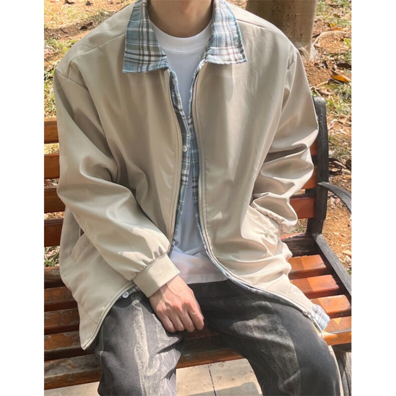 假两件工装翻领格子外套男秋季韩版潮流宽松上衣青年痞帅休闲夹克图片