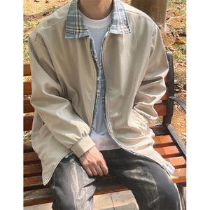 假两件工装翻领格子外套男秋季韩版潮流宽松上衣青年痞帅休闲夹克图片
