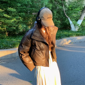 短款PU皮亮面棉服冬季新款学生韩系棉服女棉衣棉袄外套C610-100图片