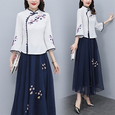 芷墨2022原创春季新款复古刺绣民族风套装时尚简约两件套装裙，女装套装/套裙，芷墨服饰