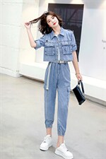 2022夏季新款简约气质减龄翻领个性复古牛仔两件套，女装套装/套裙，魅影