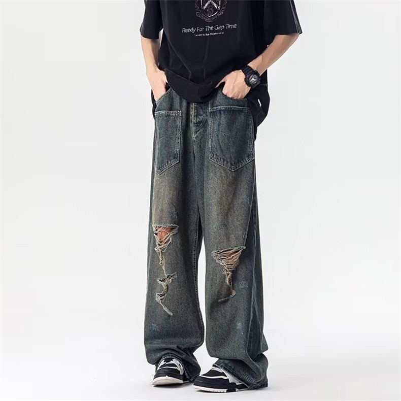 复古做旧破洞高腰显瘦高街hiphop阔腿牛仔长裤男N3148,男装休闲裤,星座1116A-1（原606A）