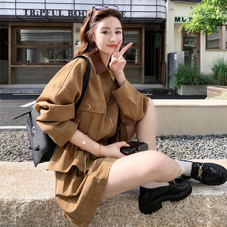 韩版甜酷风休闲套装女2025春秋季新款流行显瘦翻领外套短裤两件套图片