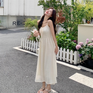 2025夏季新款温柔风韩系米白色系带连衣裙套装女简约开衫长裙套装图片