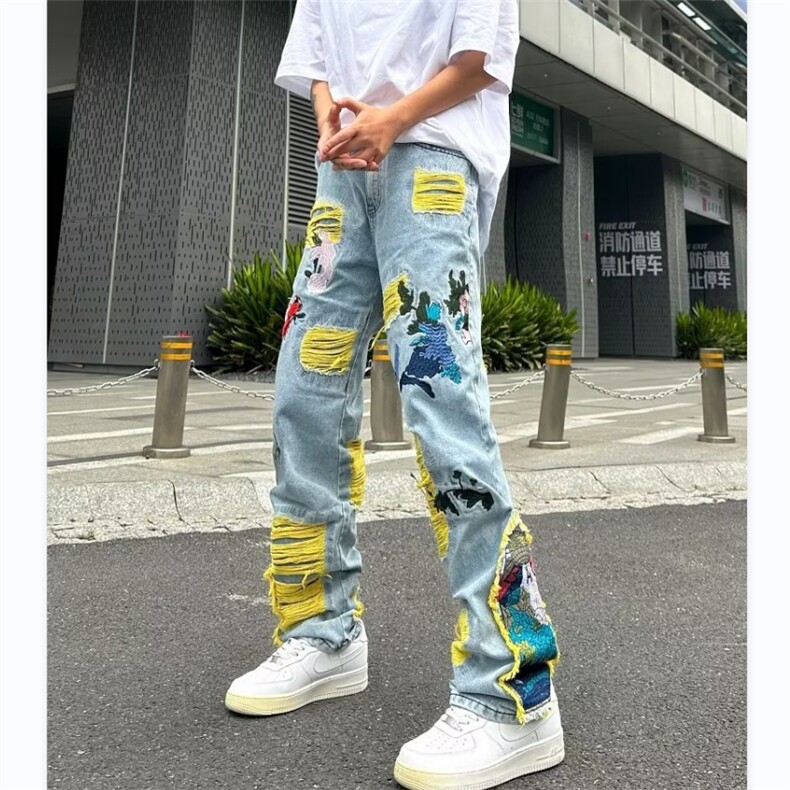 美式街头hiphop补丁刺绣破洞牛仔裤男小众设计感长裤RK607-P83,男装牛仔裤,星座412-3