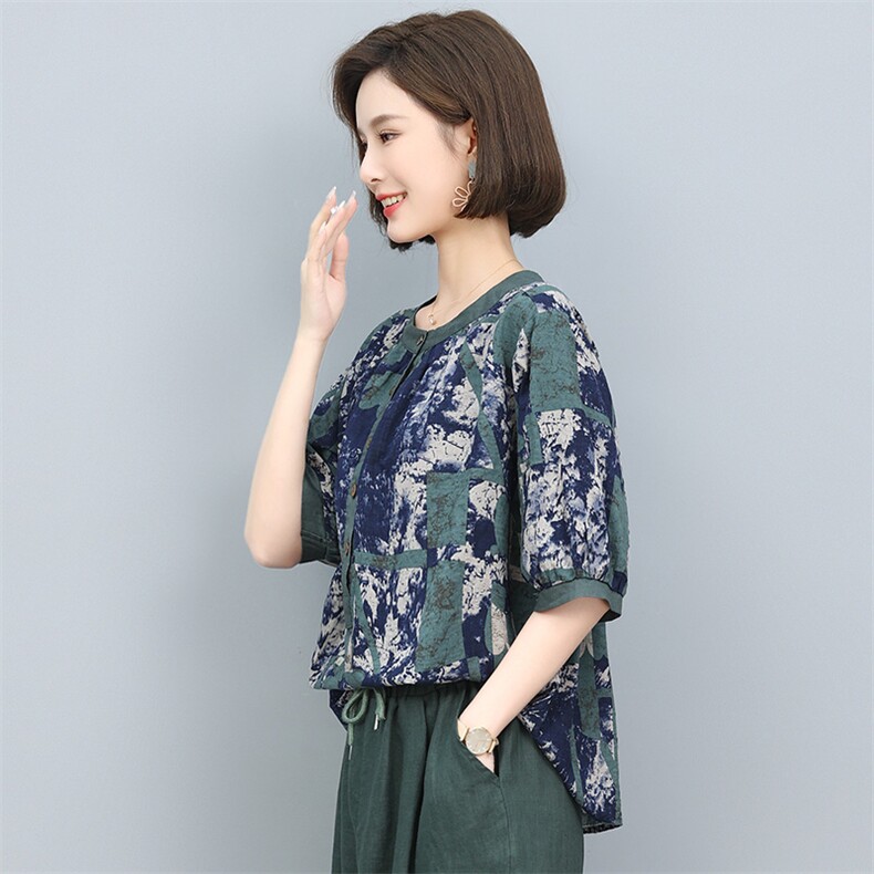 短袖上衣女夏2022新款圆领宽松显瘦印花T恤洋气小衫,女装衬衫,涵誉
