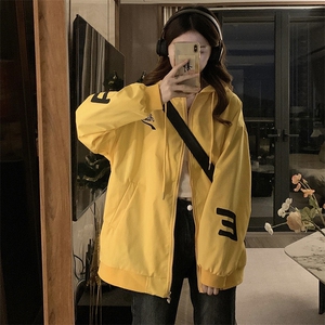 盐系炸街开衫外套女韩版宽松春季新款连帽印花夹克上衣潮C691-85图片