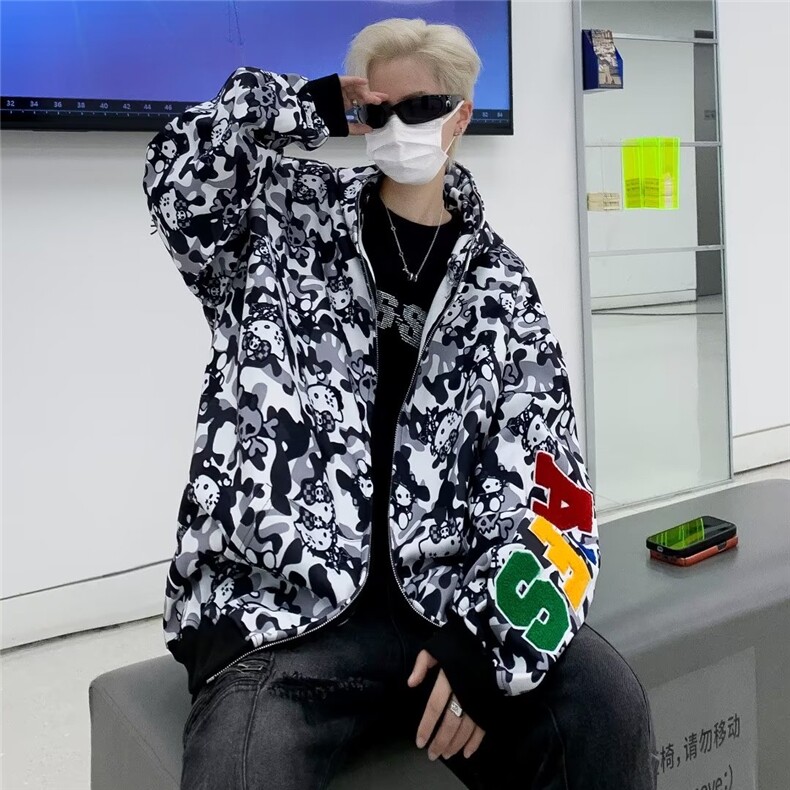 潮美式街头满印迷彩喵咪印花连帽卫衣男女款百搭外套Y8032,男装夹克,星座1116A-1（原606A）