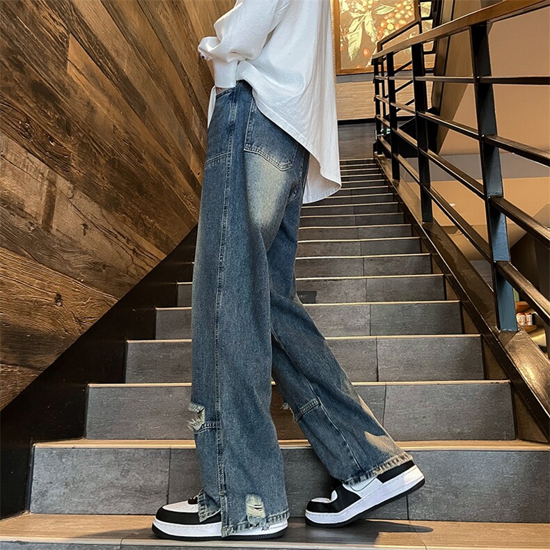美式复古直筒破洞牛仔裤男女春秋设计感宽松阔腿长裤子N800-P48,男装牛仔裤,星座308B-1