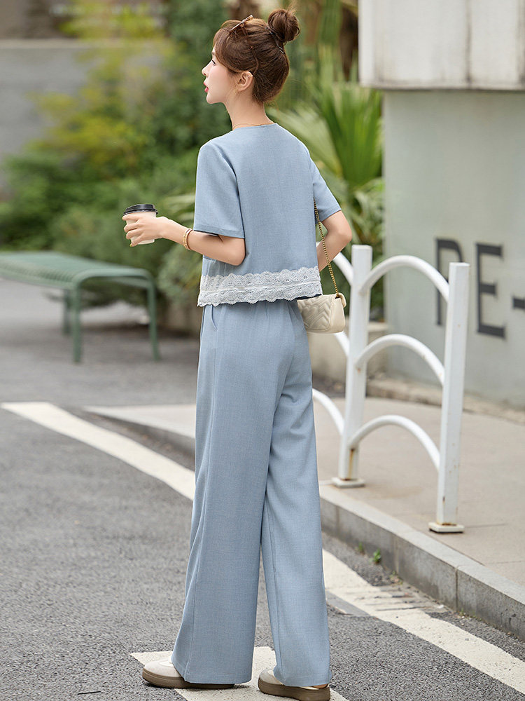 小香风套装女2025夏新款韩系高级感御姐蕾丝短袖阔腿裤一整套穿搭,女装套装/套裙,牡丹诺