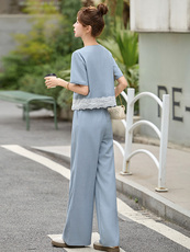 小香风套装女2025夏新款韩系高级感御姐蕾丝短袖阔腿裤一整套穿搭，女装套装/套裙，牡丹诺
