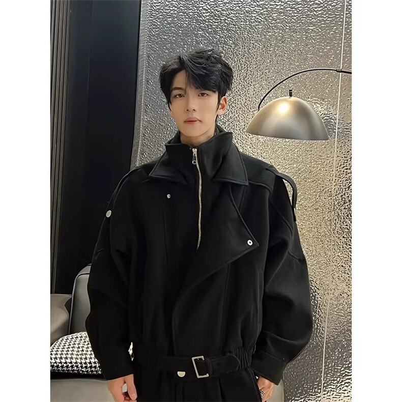 老钱风假两件短款毛呢大衣男秋冬痞帅高级感美式结构呢子风衣外套，男装风衣，星座506A