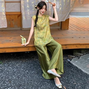 2026新中式g风套装女夏季新款高级感显瘦马甲阔腿裤流行两件套图片