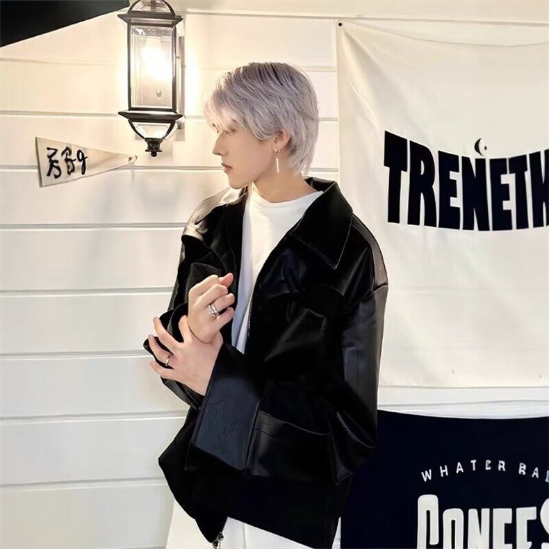 春秋设计感高级小众解构pu皮衣拼接机车皮衣短外套男痞帅夹克潮,男装夹克,星座218-1（原230）