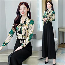 春夏新款印花系带舒适透气衬衣搭高腰阔腿裤洋气减龄两件套高级感，女装套装/套裙，卡杰菲