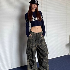 做旧水洗多口袋迷彩工装裤潮男女宽松阔腿情侣牛仔裤AMZ55P53，男装牛仔裤，星座1013-5