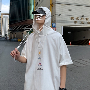 LD54141-P45 连帽短袖t恤男大码胖子带帽五分袖中袖图片