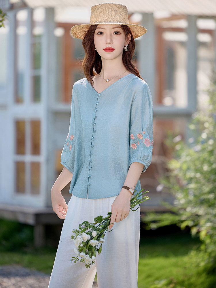 独特漂亮苎麻夏季2025新款宽松刺绣天丝衬衫棉麻裤妈妈,女装大码女装,木橙西子