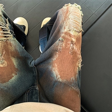 美式复古做旧泥染脏脏破洞牛仔裤男废土水洗宽松直筒阔腿拖地裤子，男装牛仔裤，星座410-7