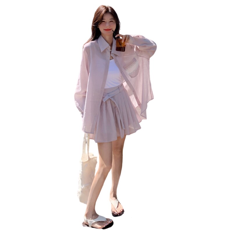 新款韩版蕾丝拼接防晒衬衫+百褶裙套装C258-2610-P155K218v,女装套装/套裙,2C258