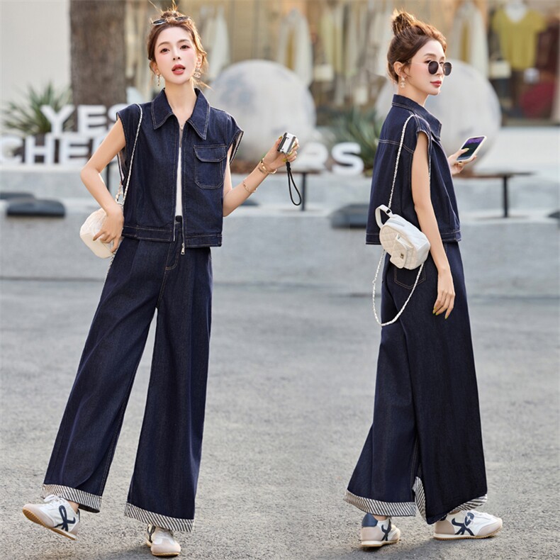 超爱!高品轻薄牛仔外套马甲女2025夏高腰显瘦阔腿裤时尚两件套装，女装套装/套裙，意芙