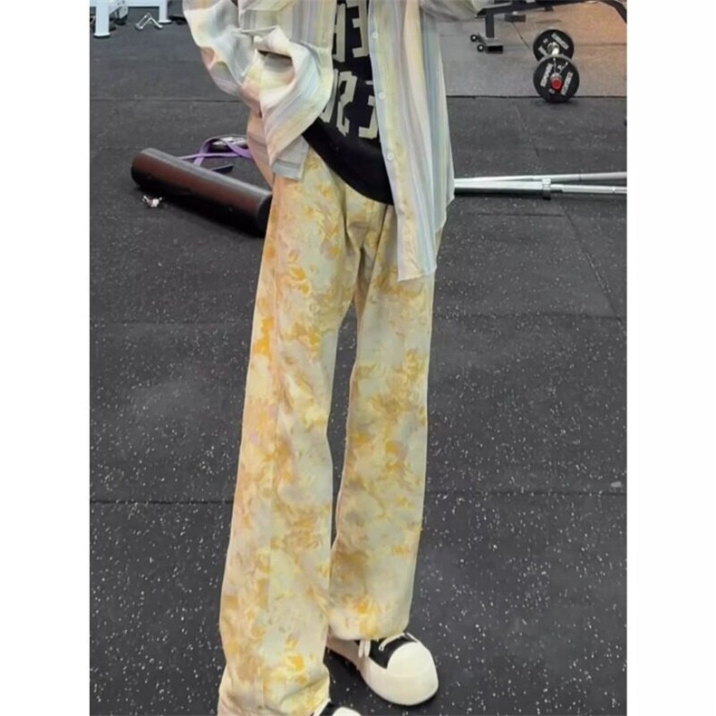 2025年新款黄色提花设计感牛仔裤男款小众晕染花色宽松直筒休闲裤，女装休闲裤，星座506A