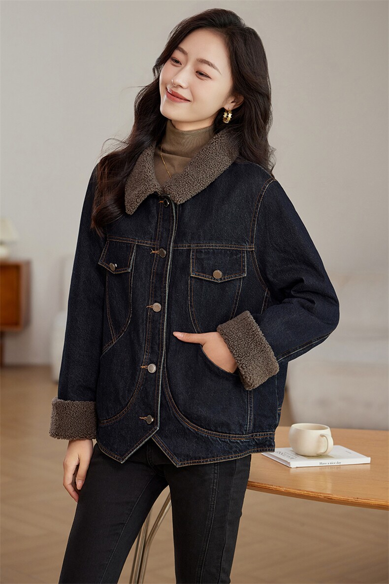 加绒牛仔外套女小个子秋冬2024新款羊羔绒派克服加厚保暖夹克上衣,女装牛仔外套,文熹诺
