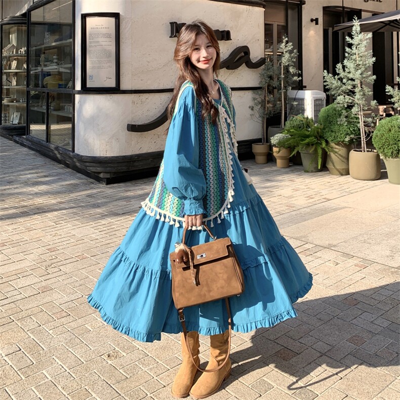 蓝色长袖连衣裙套装女秋季2025新款一整套穿搭马甲开衫长裙两件套,女装套装/套裙,2C056