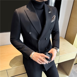 羊毛厚款条纹西服两件套高品质毛呢西装套装男咖啡色LJT8069-P258图片