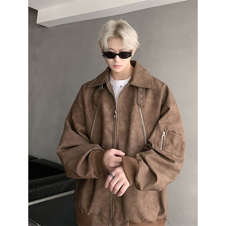 733新款美式复古pu皮夹克潮牌加厚情侣皮衣外套宽松机车服图片