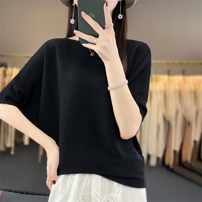 夏季高级感冰丝蝙蝠衫女2025宽松显瘦一字领半袖T恤上衣垂感小衫,女装T恤,丽特绒