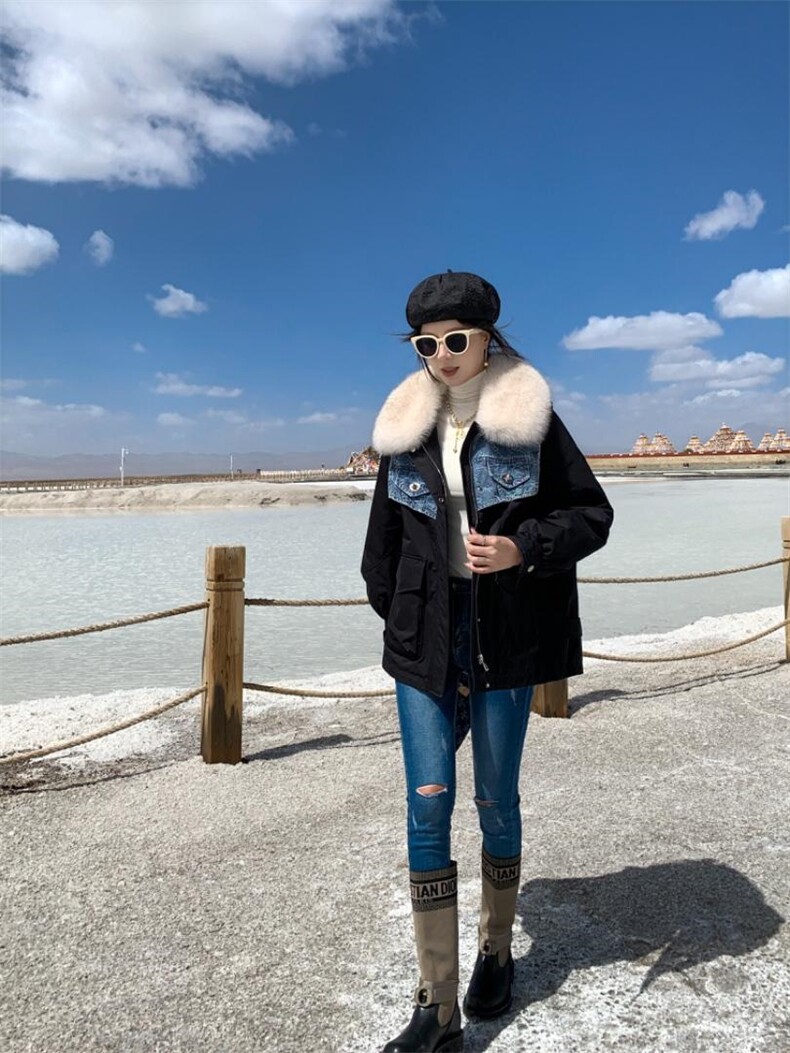 『现货』牛仔拼接派克羽绒服可拆卸，女装羽绒服，百妹仟红