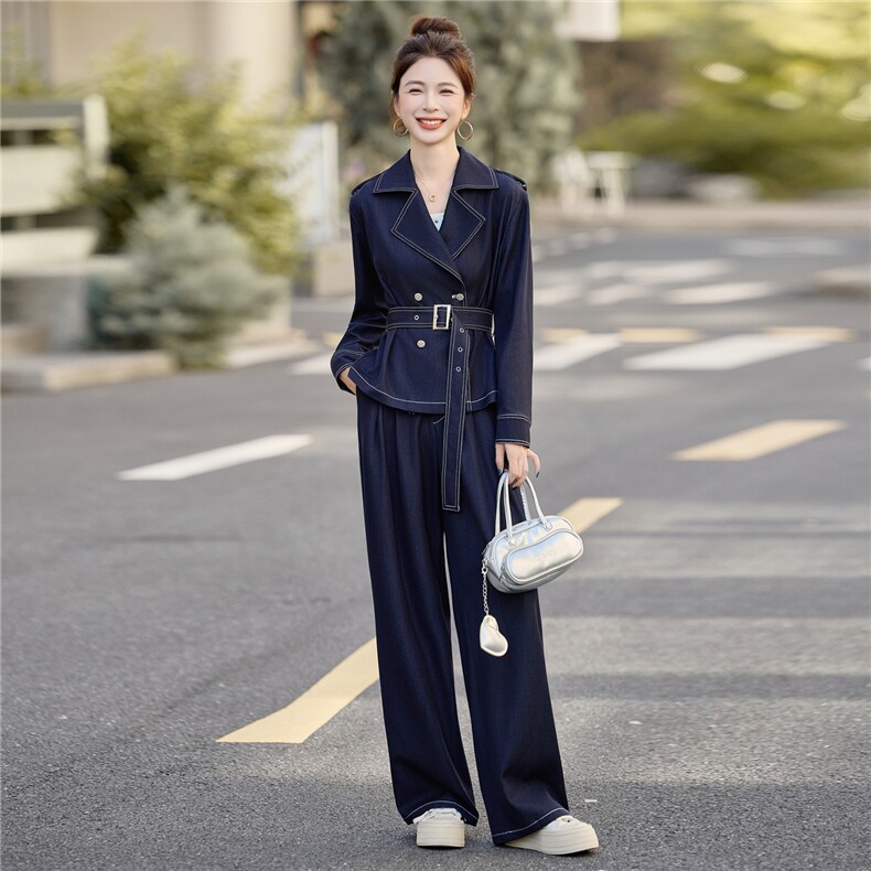 （新款现货）2026春装时尚双排扣肩章天丝牛仔阔腿裤套装(配腰带,女装套装/套裙,印象茜