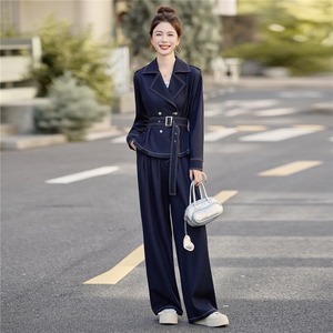 （新款现货）2026春装时尚双排扣肩章天丝牛仔阔腿裤套装(配腰带图片