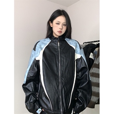 BabyStudios冬季美式拼色机车皮衣外套男女夹棉防风保暖夹克棉衣，男装皮衣，星座1210-1