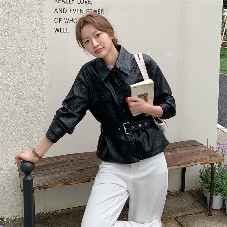 独特漂亮黑色系带皮衣外套女2025春季新款又a又飒时尚显瘦上衣潮,女装短外套,2C206