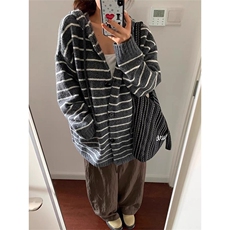 秋冬条纹连帽毛衣男女同款美式复古针织开衫外套潮流M9574-P66，男装针织衫/毛衣，星座208-5