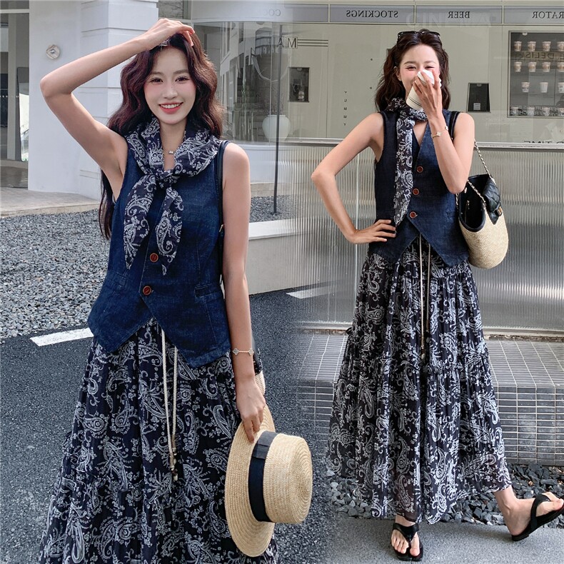 《26夏上新》复古水洗收腰薄牛仔+波西米亚大裙摆半裙两件套女,女装套装/套裙,时尚风爆
