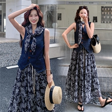 《26夏上新》复古水洗收腰薄牛仔+波西米亚大裙摆半裙两件套女，女装套装/套裙，时尚风爆