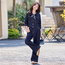 港风复古牛仔套装女2025春新款时尚流行酷飒拽姐穿搭阔腿裤两件套，女装套装/套裙，雅静靓衣