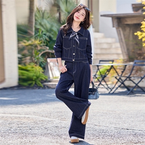港风复古牛仔套装女2025春新款时尚流行酷飒拽姐穿搭阔腿裤两件套图片