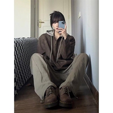 ins日系简约潮流新款美拉德棕色机车pu皮卫衣外套男慵懒无品牌，男装卫衣，星座506A