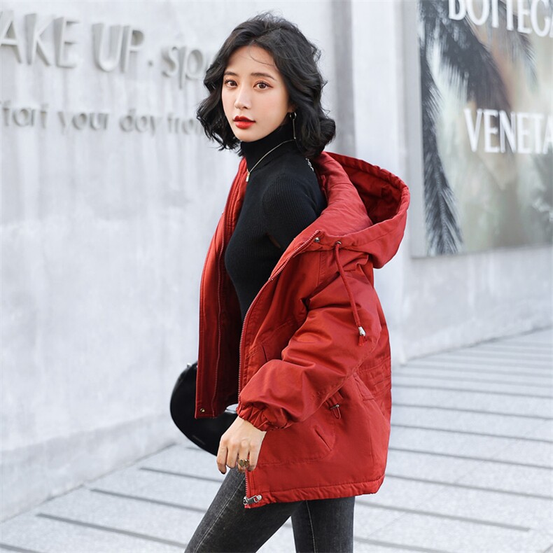 现货2025年冬新款时尚简约洗水拉链带帽派克服加绒棉衣外套,女装棉衣/棉服,印象茜
