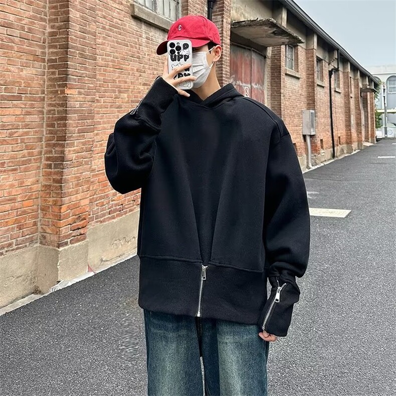 高级感抓绒拉链设计廓形垫肩连帽卫衣男外套上衣R878P42,男装卫衣,星座1116-2
