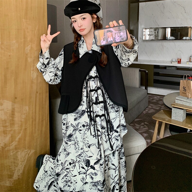051-水墨画印花衬衫+马甲连衣裙三件套-F637-P145-K218,女装套装/套裙,2C051