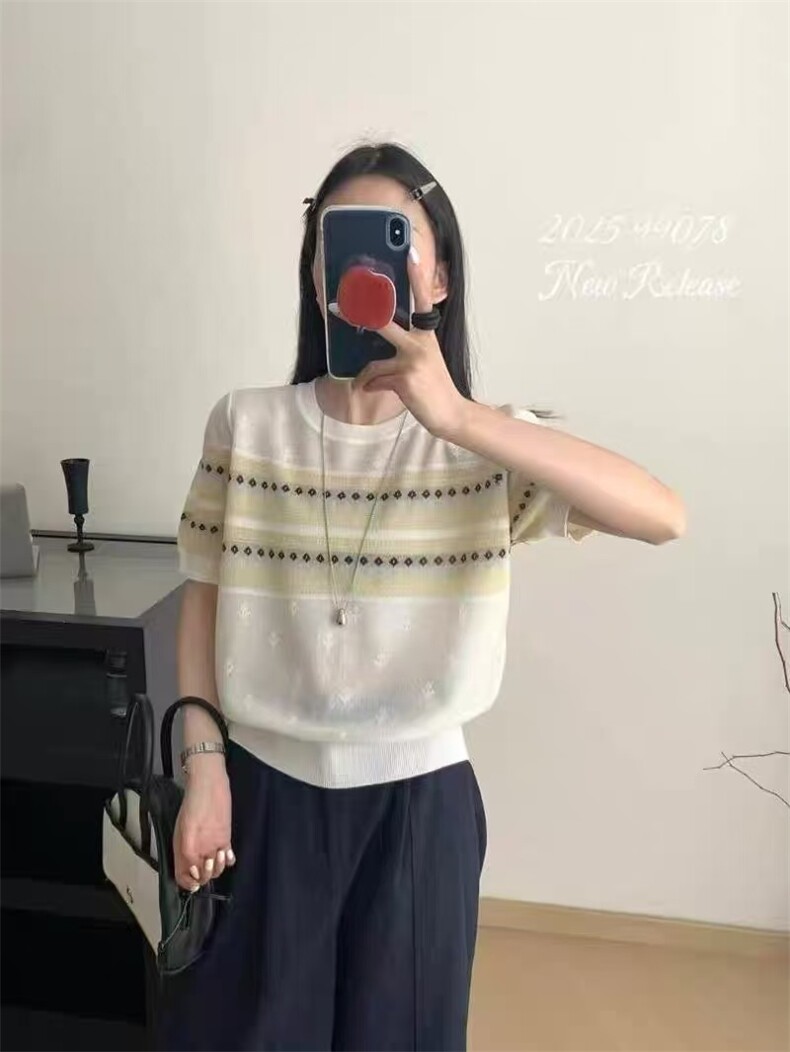 精纺羊毛加欧根纱圆领短袖,针织衫/毛衣,百纯羊绒
