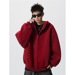 8XL-M休闲复古美式重磅连帽宽松安克拉红色卫衣外套图片